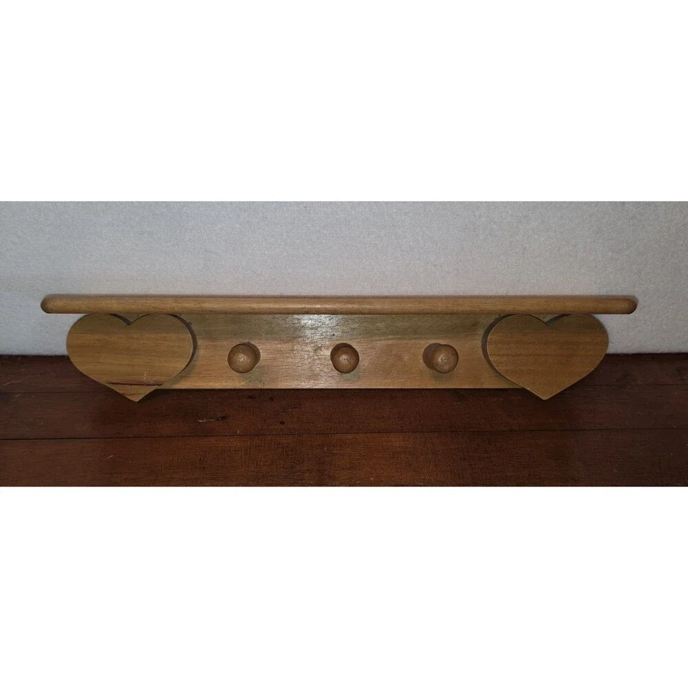 VTG Wooden Hearts Wall Shelf 3 Pegs Solid Oak Grandmacore 18 X 3.5 X 3.5